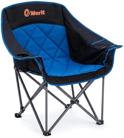 EMERIT Oversized Padded Camping Chair for Big Tall Adults, 500 LBS Heavy Duty Foldable Quad Lawn Chair, 19.68" High Seat, 4-Layer Cushion, Cup Holder, Camping Tailgating Backyard Patio Sports, Blue