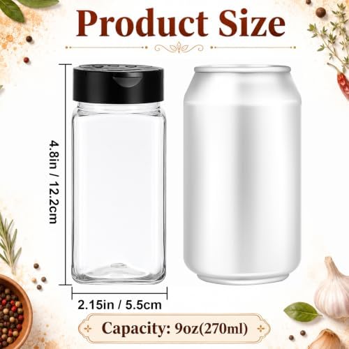 Bekith 16 Pack 9 oz Plastic Spice Jars with Black Cap, Plastic Spice Bottles Empty Seasoning Containers for Storing Spice, Herbs and Powders
