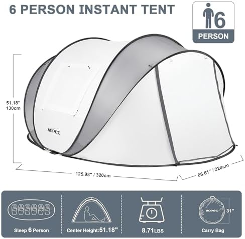 Pop Up Camping Tent, 2/4/6 Person Instant Tent Waterproof PU4500mm, Spacious Ventilated Camping Tent with Front Porch, Quick Setup Lightweight Portable for Outdoor Camping Hiking Beach