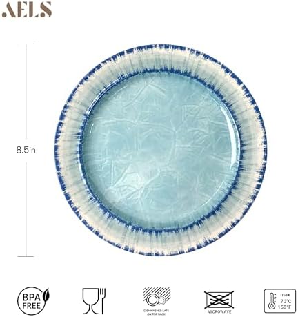 AELS Melamine Dessert Plates Set of 6, 8.5 inch Small Dinner Plates for Indoor and Outdoor Use, Dishwasher Safe, Lightweight Unbreakable, BPA Free, Light Blue