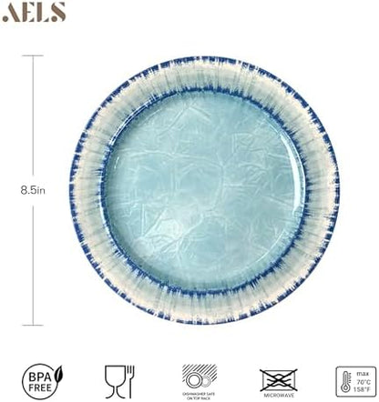 AELS Melamine Dessert Plates Set of 6, 8.5 inch Small Dinner Plates for Indoor and Outdoor Use, Dishwasher Safe, Lightweight Unbreakable, BPA Free, Light Blue