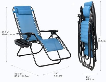 Nazhura Set of 2 Relaxing Recliners Patio Chairs Adjustable Steel Mesh Zero Gravity Lounge Chair Beach Chairs with Pillow and Cup Holder (Sky Blue)