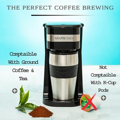 Mixpresso Single Serve & Single Cup Coffee Maker with 14oz Travel Mug Black