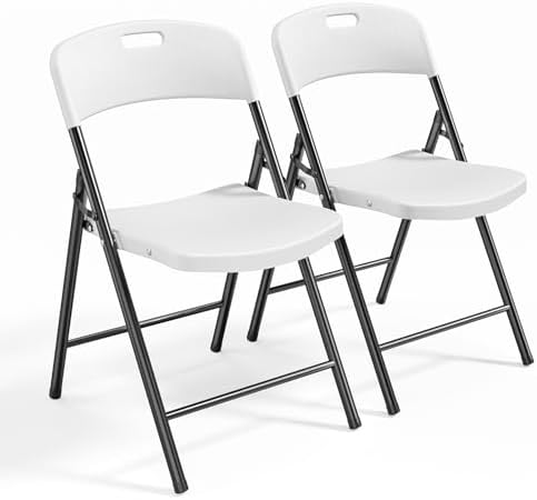 Bonnlo 2-Pack White Plastic Folding Chairs, Portable Seat with Sturdy Steel Frame for Indoor & Outdoor Use, Perfect for Banquet, Party, Wedding, Office, and Camping