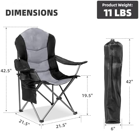 2 Pack Folding Camping Chairs for Adults - High Back Padded Outdoor Lawn Chairs with Lumbar Support & Cup Holder, 400lbs Heavy Duty Portable Camping Chairs Set (Black & Light Gray)