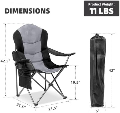 2 Pack Folding Camping Chairs for Adults - High Back Padded Outdoor Lawn Chairs with Lumbar Support & Cup Holder, 400lbs Heavy Duty Portable Camping Chairs Set (Black & Light Gray)
