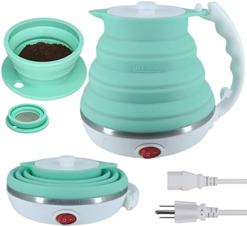 Travel Electric Kettle, Collpasible Portable Electric Kettle, Portable Tea Kettle + Paperless Travel Pour Over Coffee Maker, Collapsible Pour Over Coffee Dripper One Cup (Green)