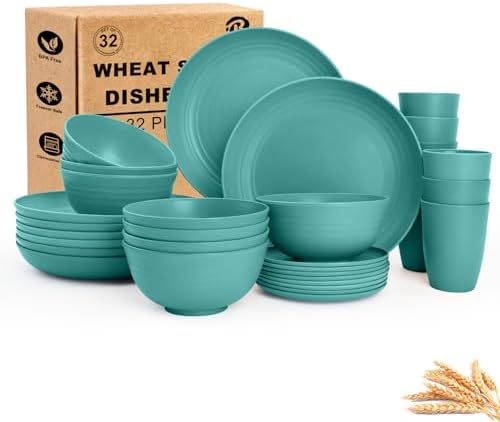 Wheat Straw Dinnerware Sets 32-Piece, Plate and Bowl set - Green