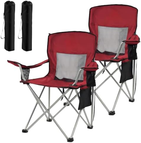HULKFIT 2 Pack Folding Camping Chair – Heavy Duty Portable Outdoor Beach Chair for Adults with Breathable Mesh Back, Cup Holder & Carry Bag – Ideal for Backyard, Tailgating, Hiking & Travel,Burgundy