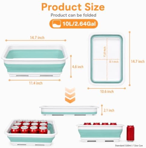 Goderewild Collapsible Dish Pan, 10L (2.6 Gal) Foldable Sink Tub, Mint