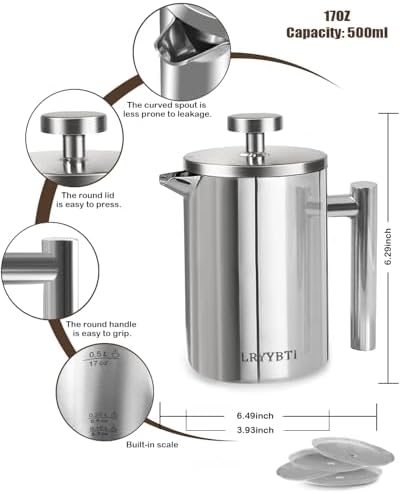 French Press Coffee Maker, Stainless Steel, Silver, 17 OZ
