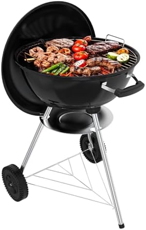 18 inch Charcoal Grill, Portable Kettle BBQ Grills, Perfect BBQ Gift, Durable & Easy to Assemble, Round Barbecue Grill with Wheels and Lid for Outdoor Cooking, Patio and Beach, Black