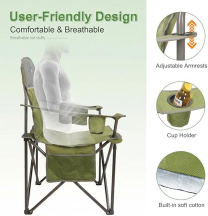 Oversized Camping Chairs 2 Pack - Heavy Duty 400LBS Padded Lawn Chair with Cooler Bag,Cup Holder,Side Pocket,Collapsible for Outdoor,Camp,Fishing & Garden,Olive Green
