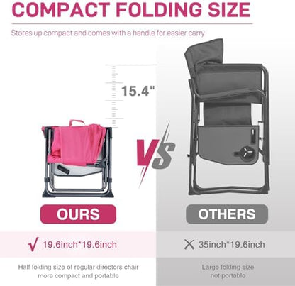 EVER ADVANCED Camping Directors' Chair with Side Table, Portable Folding with Compact Size, Breathable & Quick Dry Design Heavy Duty Lawn Chair with Pocket, 400lbs, Textilene Mesh, Pink