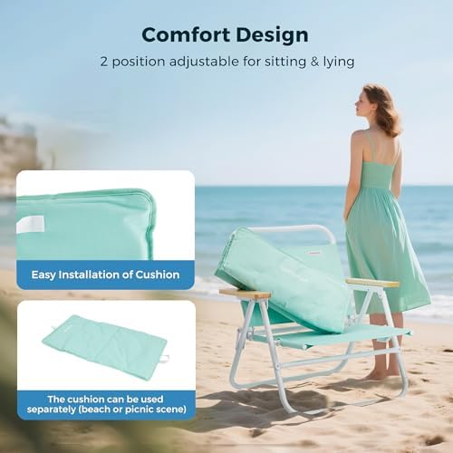 SUNNYFEEL Foldable Beach Chair, Beach Chair Backup with Wood Armrest & Cushion, Lightweight Camping Chair Heavy Duty for Beach, Camping, Lawn, Outdoor, Mint Green