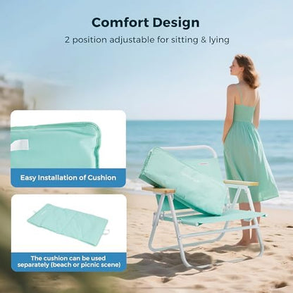 SUNNYFEEL Foldable Beach Chair, Beach Chair Backup with Wood Armrest & Cushion, Lightweight Camping Chair Heavy Duty for Beach, Camping, Lawn, Outdoor, Mint Green