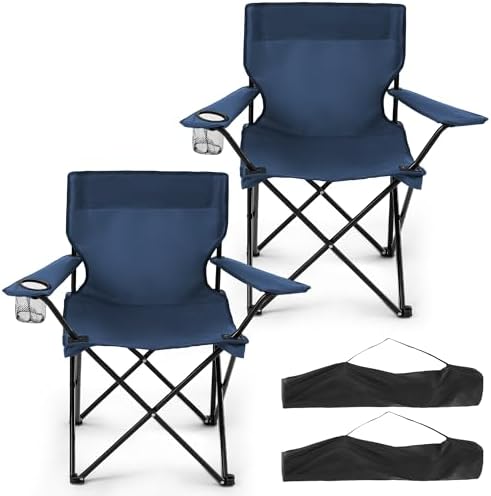 2 Pack Folding Camping Chairs for Adults, Foldable Portable Beach Chairs with Carry Bag & Cup Holder, Compact Design for Camping, Beach, Picnics, and Fishing Supports 300LBS（Dark Navy）