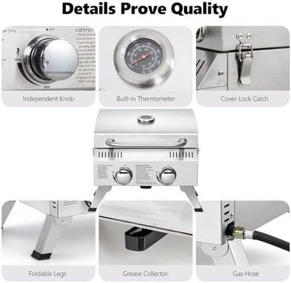 ROVSUN 20000 BTU Stainless Steel Propane Gas Grill with Ignition, 2 Burner Portable Tabletop Grill with Folding Legs & Lockable Lid for Outdoor Patio Garden BBQ Picnic RV Tailgating Camping Cooking