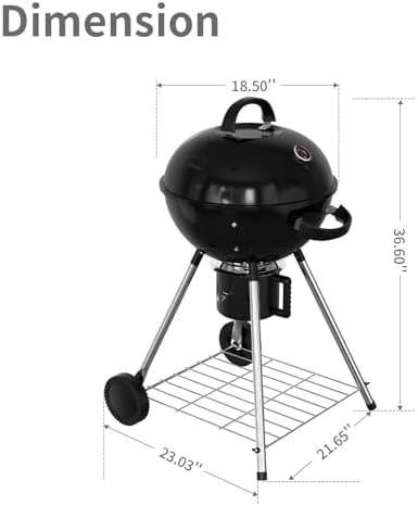 18.5-Inch Portable Charcoal Grill, Heavy Duty Kettle BBQ Smoker with Built-in Thermometer & Removable Water-Rinsable Ash Catcher for Outdoor Camping, Patio, Backyard, and Tailgating