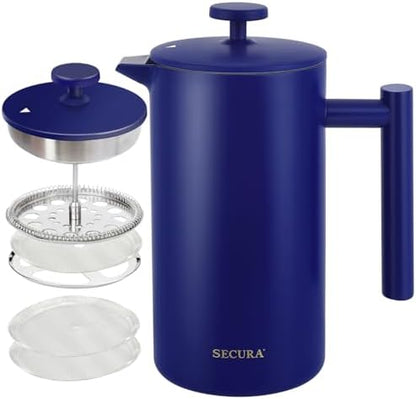 Secura French Press Coffee Maker, 304 Grade Stainless Steel Insulated Coffee Press with 2 Extra Screens, 34oz (1 Litre), Blue