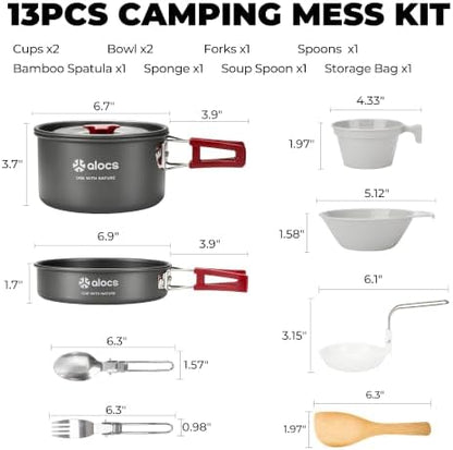 ALOCS 13pcs Camping Cookware Mess Kit, Portable Pots and Pans Cooking Set