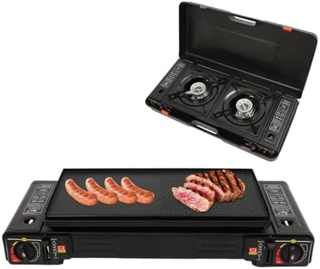 2 Burners Burner Butane Stove, Portable Camping Stove Kit with Baking Tray & Portable Case, Outdoor Travel Camp Stove for Camping, BBQ, Home