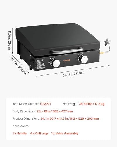 VEVOR Gas Griddle, 2 Burner Tabletop Griddle, 22 inch Portable Griddles Propane with Lid, Oil Drain Hole & Oil Collection Tray, 22000BTU Camping Flat Top Grill for Outdoor Cooking, Tailgating