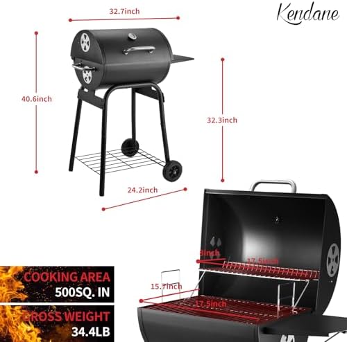 Kendane Barrel Charcoal Grill, Large Charcoal Grills with Side Shelf