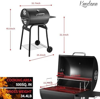Kendane Barrel Charcoal Grill, Large Charcoal Grills with Side Shelf