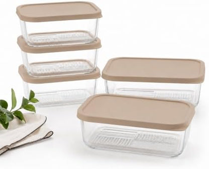 Glass Food Storage Containers with Lids - 10 Piece - 3 x 25.4 oz & 2 x 57.5 oz Glass with BPA-Free Leak Resistant Stackable Lids - Microwave, Oven & Dishwasher Safe - Ideal for Meal - Cashew Cream