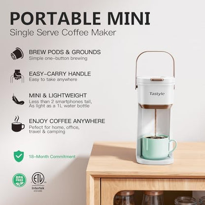 Tastyle Mini Single Serve Coffee Maker for K Cups and Grounds with Handle