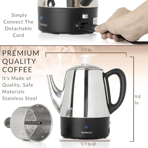 Mixpresso 4 Cup Small Electric Percolator Coffee Pot, Stainless Steel