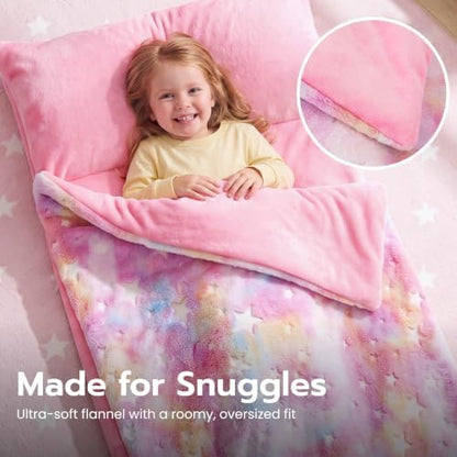 JOIEDOMI Toddler Sleeping Bag for Kids 66''x33'' Glow in The Dark Kids Sleeping Bag with Pillow for Boys and Girls Ages 3+ Soft Flannel Toddler Nap Mat for Preschool Daycare Sleepover