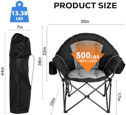 Romswi 2Pcs Oversized XL Padded Camping Chair for Adults, 500lbs Support Heavy-Duty Padded Folding Chair with Side Pocket Cup Holder, Wide&Thick, for Outdoor,Black