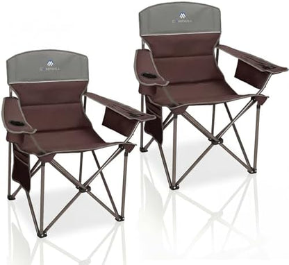 Oversized Camping Chairs 2 Pack - Heavy Duty 400LBS Padded Lawn Chair with Cooler Bag,Cup Holder,Side Pocket,Collapsible for Outdoor,Camp,Fishing & Garden,Maroon