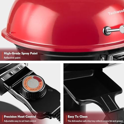 Electric Grill, Techwood Indoor/Outdoor Electric BBQ Grill, 1600W Portable Removable Stand Grill with Adjustable Heat & Drip Tray, Double Layer Design for Party, Patio & Backyard (Red)