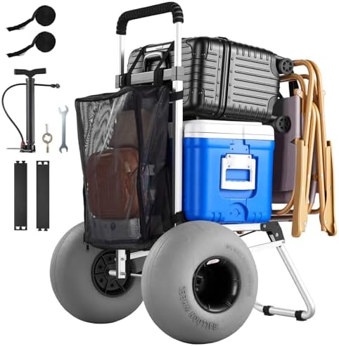 VEVOR Beach Dolly with Big Wheels for Sand, 20" x 15" Cargo Deck, Folding Sand Cart with 12" Balloon Wheels, 165 lbs Loading Capacity & 34" to 46" Adjustable Height, Heavy Duty Cart for Beach Camping