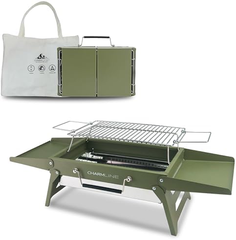 Charmline 14 x 9 inches Small Portable Charcoal BBQ Grill, Foldable Compact Camping Barbecue for 1–3 People, Ideal for Camping, Tailgating, Beach, Picnic & Tabletop Use, Green