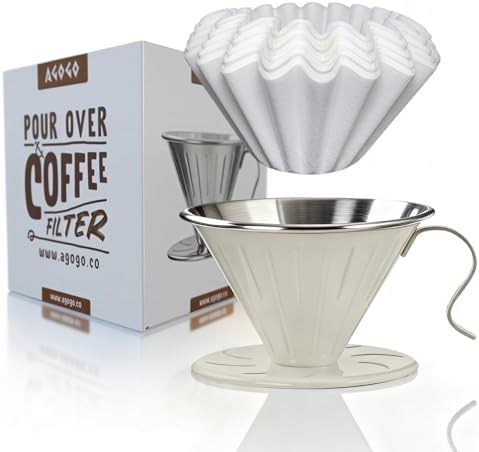 AGOGO Stainless Steel V60 Coffee Dripper & 50 Paper Filters, Cream
