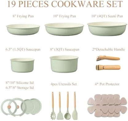 CAROTE 19pcs Pots and Pans Set Non Stick, Detachable Handle Cookware, Green