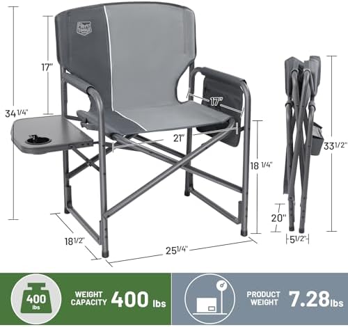 Timber Ridge Aluminum Oversized Camping Chair, Lightweight Portable Directors Chair with Side Table Detachable Side Pocket for Outdoor Camping, Lawn, Picnic, Support 400lbs Gray