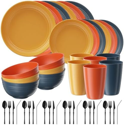 Quatish 48 Piece Plastic Plates and Bowls Sets for 6, Dinnerware Sets, MC