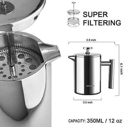 Secura French Press Coffee Maker, 304 Grade Stainless Steel Insulated Coffee Press with 2 Extra Screens, 12oz (0.35 Litre), Silver (Pack of 4)