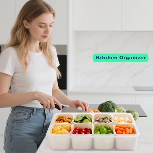 Snackle Box Container,Divided Serving Tray with Lid and Handle,Dishwasher Safe Snack Box Charcuterie Board,8-Compartment Snack Container for Adults,Fruit Veggie Tray Snack Organizer for Party Picnic