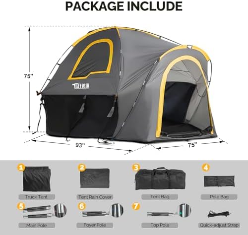 TUFFIOM 5.5-6ft Pickup Truck Tent for Camping, Truck Bed Tent with Reinforcement Fiberglass Poles, PU2000mm Waterproof and Rainfly for 2 People, Easy Set Up, Good Ventilation, Yellow