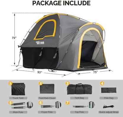 TUFFIOM 5.5-6ft Pickup Truck Tent for Camping, Truck Bed Tent with Reinforcement Fiberglass Poles, PU2000mm Waterproof and Rainfly for 2 People, Easy Set Up, Good Ventilation, Yellow