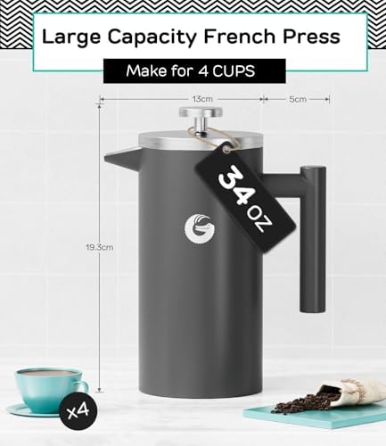 Coffee Gator French Press Coffee Maker 34 oz, Non-Toxic, Gray