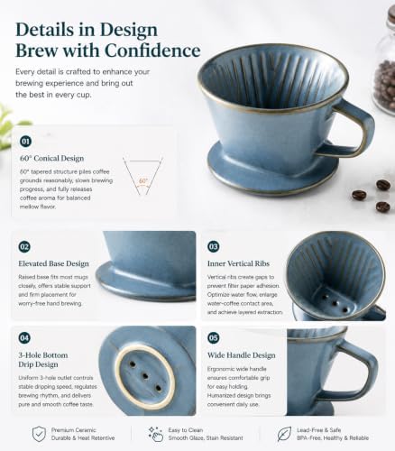 Gomakren Pour Over Coffee Maker Ceramic Coffee Dripper, 3 Hole Cone Brewer