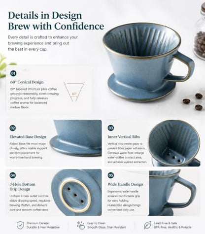 Gomakren Pour Over Coffee Maker Ceramic Coffee Dripper, 3 Hole Cone Brewer