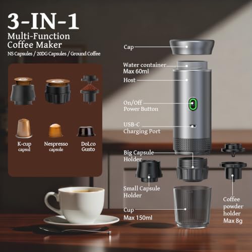 Portable Coffee Maker, 20-Bar 3-in-1 Travel Coffee Machine with 7500mAh Battery, Compatible with Ground Coffee & Capsules for Camping, RV, Hiking, Car & Office